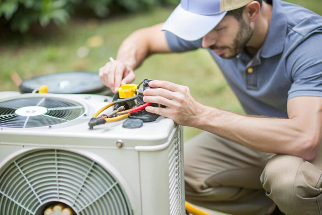 AC repair Antelope Valley technician inspecting a residential air conditioning system before summer
